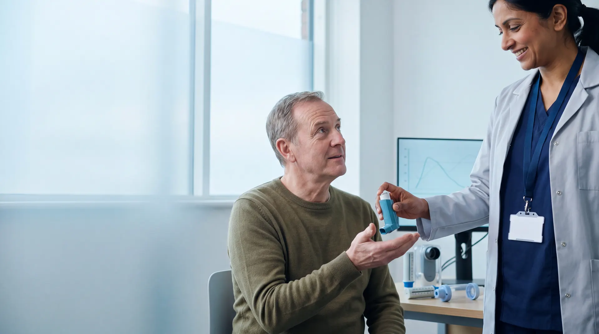 A respiratory consultant places a blue inhaler into the open hand of a seated patient in a bright clinic room.